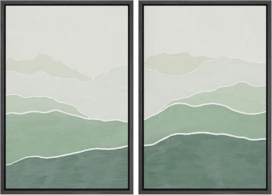 SIGNWIN Framed Wall Art Print Set Green Gradient Wave Landscapes Abstract Shapes Illustrations Modern Art Bohemian Relax/Calm Multicolor for Living Room, Bedroom, Office - 16"x24"x2 Black