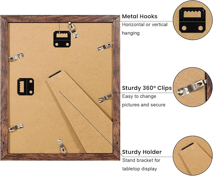8x10 Picture Frame Set of 9, Display Pictures 5x7 with Mat or 8 x 10 Without Mat, Multi Photo Frames for Wall Mounting or Table Top Display, Rustic Brown