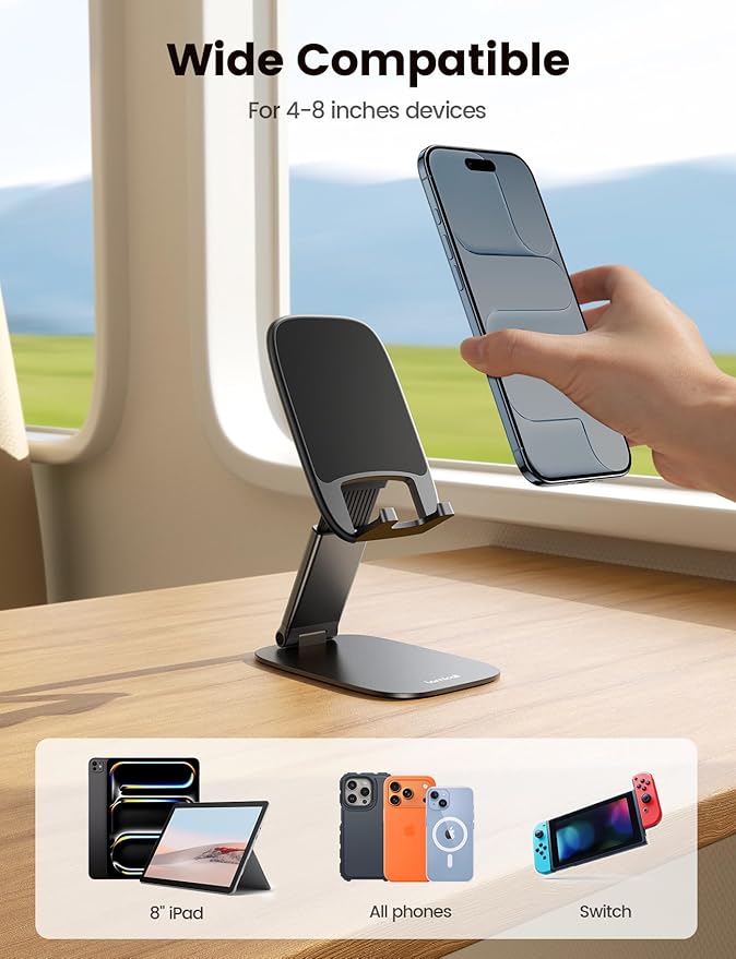 Lamicall Ultra-Thin Cell Phone Stand for Desk - [Height Adjustable] Foldable Desktop Phone Holder, Portable Mobile Stand, Office Desk Accessories for iPhone 17 16 15 14 13 Pro Max Air, Galaxy S25, S24