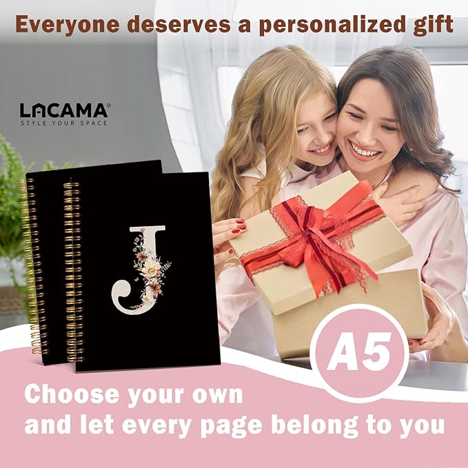 Lacama Black Initial Letter J School Notebook Journal, Cute Wildflower Personalized Spiral Notebook, School Supplies, Customized Monogrammed Gifts, Birthday Gifts for Women, Office Supplies
