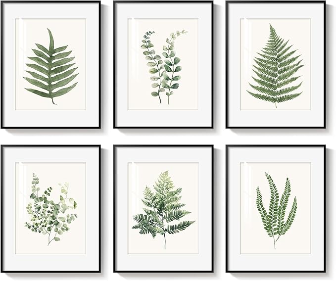 Framed Green Nature Botanical Wall Art, Set of 6 Minimalist Plant Leaf Painting Prints Artwork, Natural Fern Leaves Picture for Modern Farmhouse Living Room Bedroom Bathroom Kitchen Home Decor, 11x14