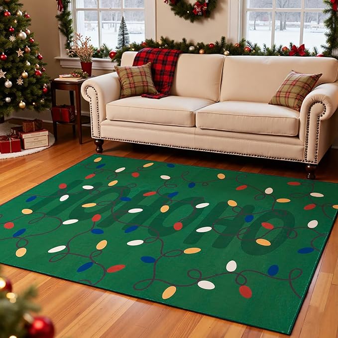 jinchan Jingle Lights Christmas Rug 4x6 for Living Room Bedroom Green Holiday Decorative Rug for Dining Room Foyer Colored String Lights Printed Xmas Decor Washable Non Slip Floor Carpet