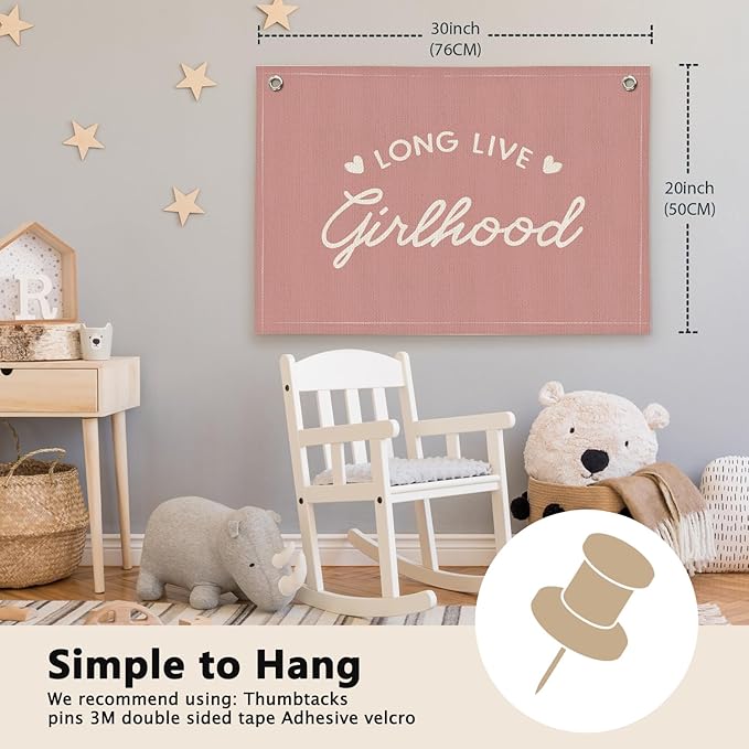 Coral Pink Long Live Girlhood Girls Room Decor - Linen Banner Wall Hanging Canvas Banner Flag Decor for Toddler Girly Bedroom Playroom Nursery Dorm Apartment
