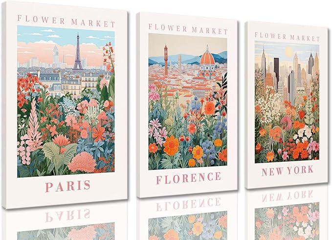 XLARTMY Flower Market Wall Art Prints Canvas Orange and Pink Floral Paintings Colorful Botanical Travel Flower Posters for Home Decor Pictures Set of 3 for Living Room Bedroom 12x16in