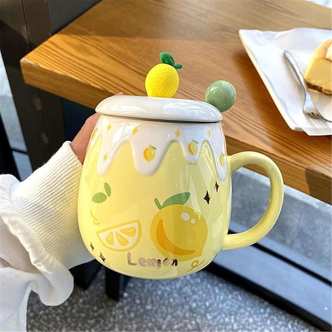 Coffee Mug Cups Ceramic Tea Cup Fruits Lemon Shaped Handmade Cute Mugs With Lid Spoon Handle Office Home Hot Ice Chocolate Milk Mugs Gifts Microwave Dishwasher Safe Travel Mugs (Yellow)