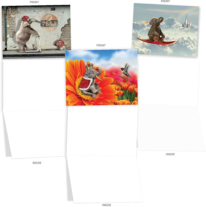 The Best Card Company - 10 Blank Animal Cards Boxed (4 x 5.12 Inch) - Assorted Pets, Zoo, Wildlife Cards for Kids - Elefantasy M6579OCB