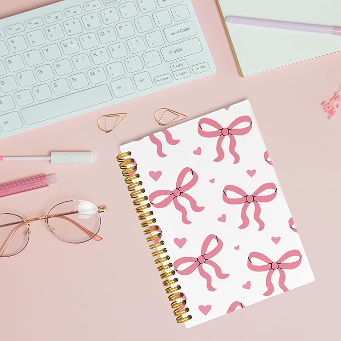 Trendy Coquette Pink Bow Heart Journaling Notebooks, Preppy Notebook Journal for Girls, Pink Office Supplies, Hardcover Spiral Notebooks College Ruled 5.5 x 8.3