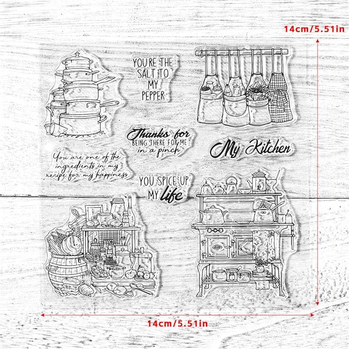 Kitchen Utensils Pots Stamps and Cutting Dies for Card Making DIY Transparent Silicone Clear Stamp and Metal Die Cuts Sets for Scrapbooking Paper Greeting Cards Decor Seals Craft Supplies