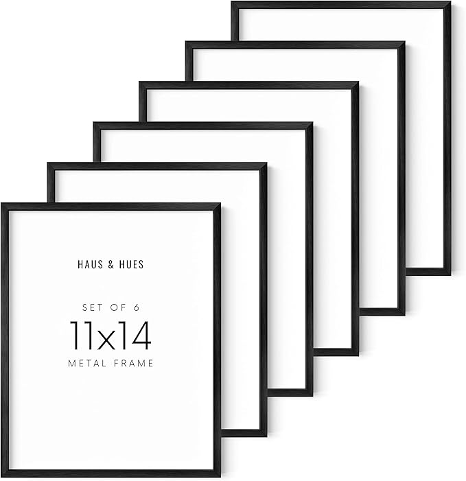 HAUS AND HUES 11x14 Black Metal Picture Frames - Features Premium Aluminum & Hanging Hardware, Shatterproof Plexiglass - Ideal for Home, Room, Office (11x14 in, Black, Set of 6)