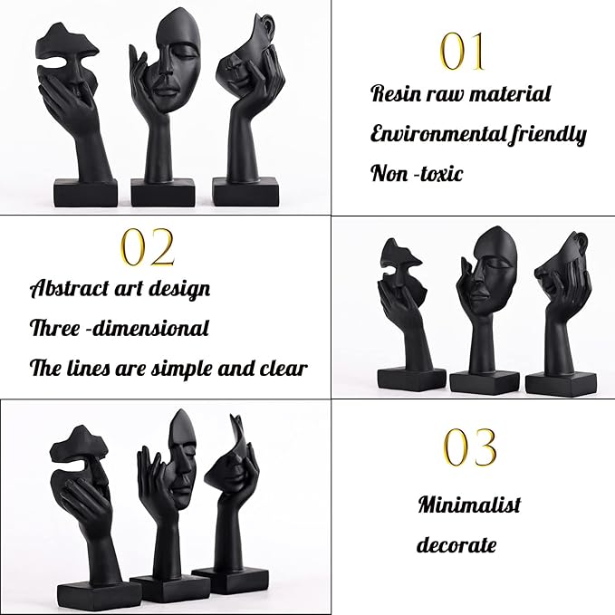 oliruim 3 Pcs Thinker Small Statue Set - Black Art Abstract Home Accent Figurines for Decor Bedroom, Shelves, Living Room Coffee Table, Office Desktop (3 Pcs Black, 6")