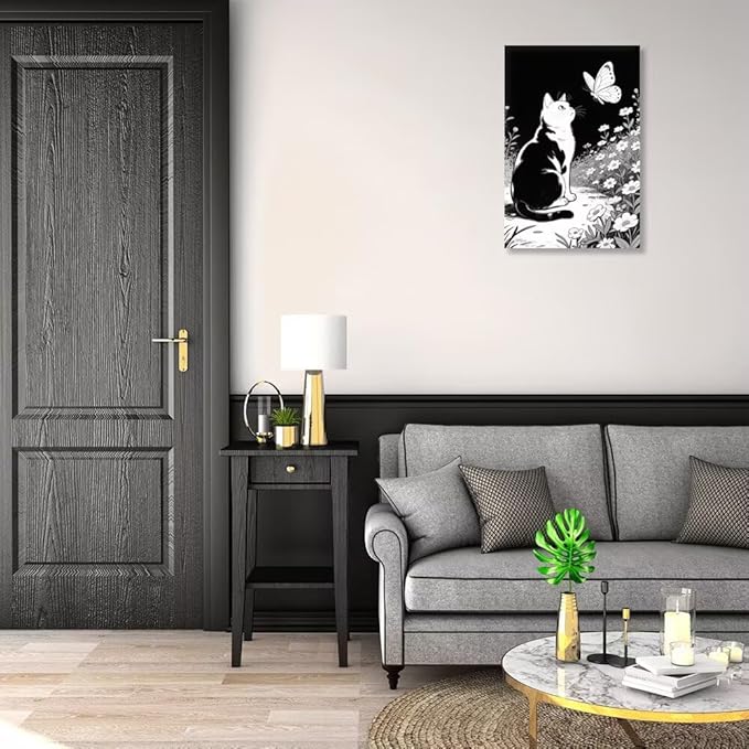 Cats Butterflies in Flowers Canvas Poster Vintage Minimalist Nature Wall Art Trendy Black White Aesthetic Painting Prints Modern Animal Home Decor for Bedroom Living Room 20x30inch Unframed