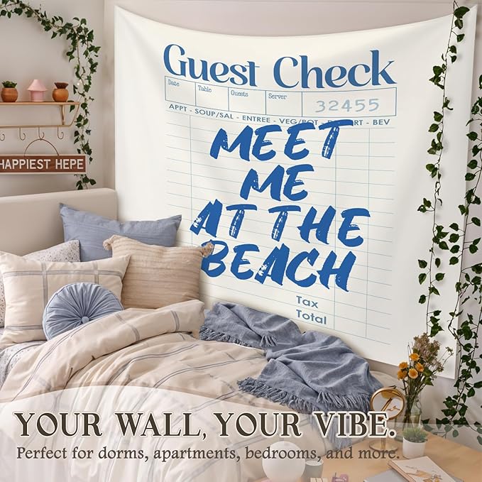 STHTTSW Meet Me at the Beach Tapestry, Trendy Coastal Tapestries Wall Blanket, Blue Typography Ocean Wall Hanging Decor for Beach Bedroom House Cabin Kitchen Living Room, 50x60 Inch