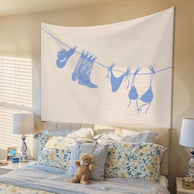 STHTTSW Blue Coastal Cowgirl Tapestry, Western Cowgirl Tapestries Wall Blanket, Preppy Girly Aesthetic Wall Hanging Decor for Teen Girl Women College Dorm Apartment Bedroom, 50x60 Inch