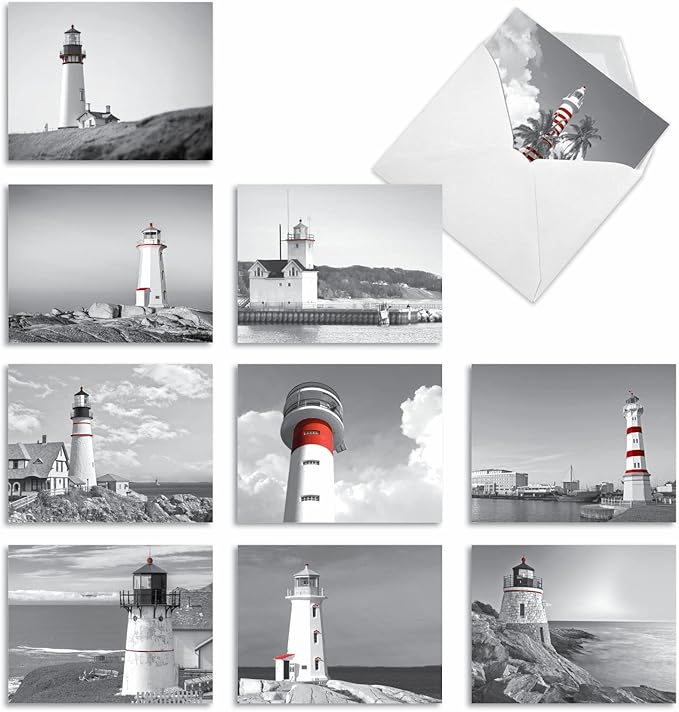 The Best Card Company - 10 Blank Note Cards with Envelopes For Men and Women (4 x 5.12 Inch) - Black & White Photos, Bulk Boxed Set - Red Beacons M1707BN