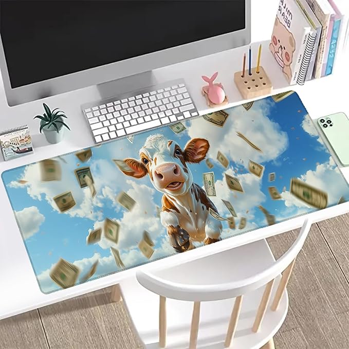 Funny Cow Gaming Mouse Pad, Office Desk Mat, Anti-Slip Rubber Base Cool Aesthetic Mouse Pads for Computer Laptop Keyboard School Home Desktop Gamer Farm Home Accessories Decor 31.5" x 11.8"