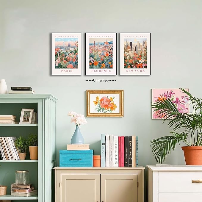 XLARTMY Flower Market Wall Art Prints Canvas Orange and Pink Floral Paintings Colorful Botanical Travel Flower Posters for Home Decor Pictures Set of 3 for Living Room Bedroom 12x16in Unframed