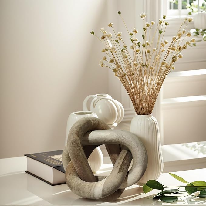 GUDAGUU Wood Knot Decor -Coffee Table Decor Shelf Decor Table Books Hand Carved Home Decoration Boho Country Rustic Modern Shabby Chic Style 3 Link Wooden Knot Chain Link Decor (Rustic)