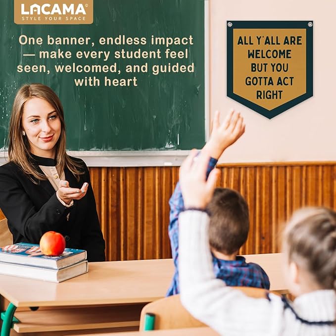 Lacama Retro Classroom Wall College Dorm Decor, All Y'all Are Welcome But You Gotta Act Right Banner, Retro Wall Hanging Banner Pennant Flag for Bedroom Kids Room Playroom Decor