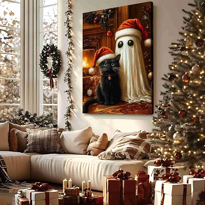 Christmas Pet Canvas Print Ghost and Cat Painting Christmas Cat and Ghost Whimsical Holiday Decor Rural Art print Indoor Decor for Home Living Room Bedroom Pet Lover Bedroom Dining Room farmhouse