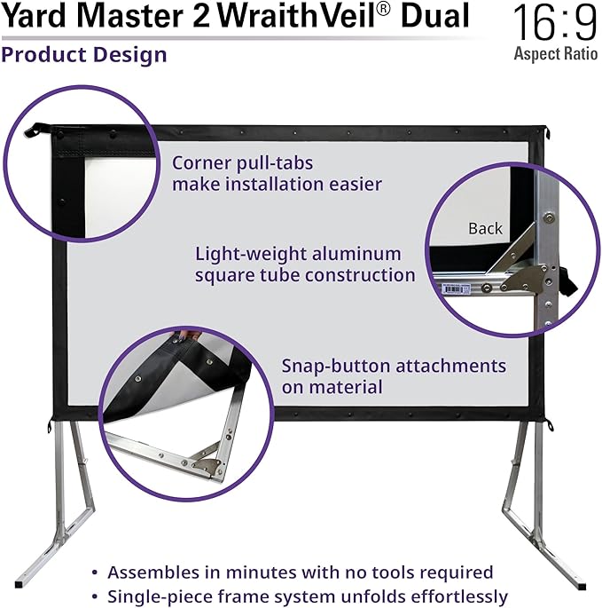 Elite Screens Yardmaster 2 DUAL Projector Screen, 135-INCH 16:9, Front and Rear Wraith Veil 4K / 8K Ultra HD, Active 3D, HDR Ready Free Standing Outdoor Movie Screen, OMS135H2-DUAL