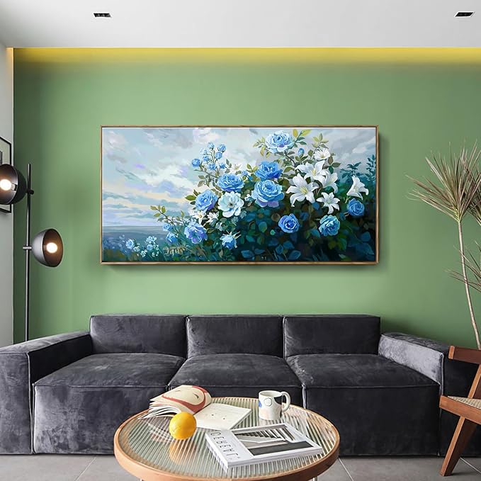 Framed Extra Large Botanical Wall Art – Blue and White Flower Canvas Painting for Living Room Bedroom – Rustic Wood Frame Floral Décor 58x29 Inch