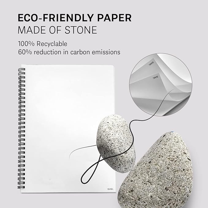 GAK. Stone Paper Notebook | No Lines Spiral Notebook Waterproof Sheet Aesthetic Journal for Note Taking | Notebooks for Work & Aesthetic School Supplies | Large Size, White (7.2”x10.1”, 50 sheets)