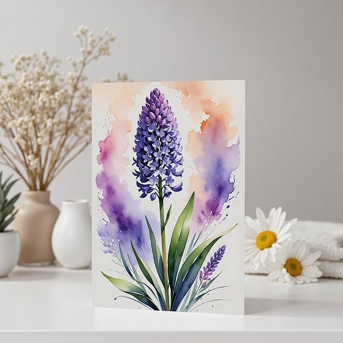 Elegant Blank Inside Greeting Card with Envelope, 5x7 Inch Watercolor Hyacinth Card – All Occasion, Birthday, Sympathy, Thank You - Single Card