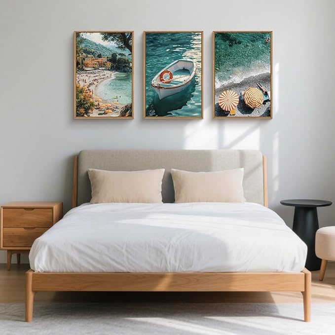 Natural Coastal Ocean Framed Canvas Wall Art Set,Mediterranean Amalfi Blue Green Beach Seascape Decor,Modern Summer Seaside Boat & Umbrella Artwork for Living Room,Bedroom,Farmhouse- 24"x36"x3
