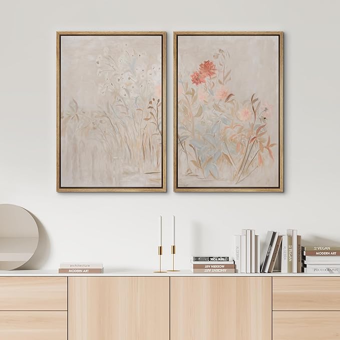 SIGNWIN Framed Canvas Print Wall Art Set Soft Pastel Wildflower Botanical Floral Illustrations Modern Art Scenic Colorful for Living Room, Bedroom, Office - 16"x24"x2 Natural