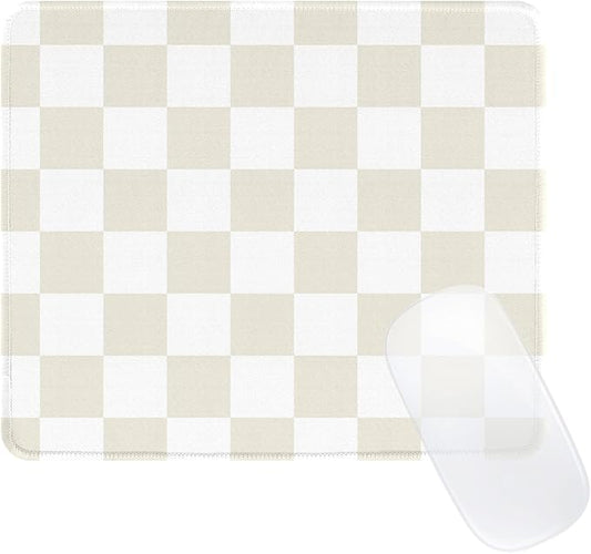Cute Beige White Mouse Pad,Retro Checkered Pattern Mousepad,Square Aesthetic Plaid Waterproof Grid Mouse Mat Design, Non-Slip Rubber Base Computer Funny Boho Small Mouse Pads