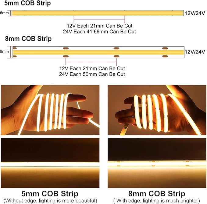 24V COB LED Strip Lights, 16.4ft Ultra Narrow 5mm Golden Yellow LED Tape with 3840 LEDs, High Bright Dotless Dimmable Flexible LED Ribbon for Indoor Hotel Home Christmas Decor (No Power Supply)