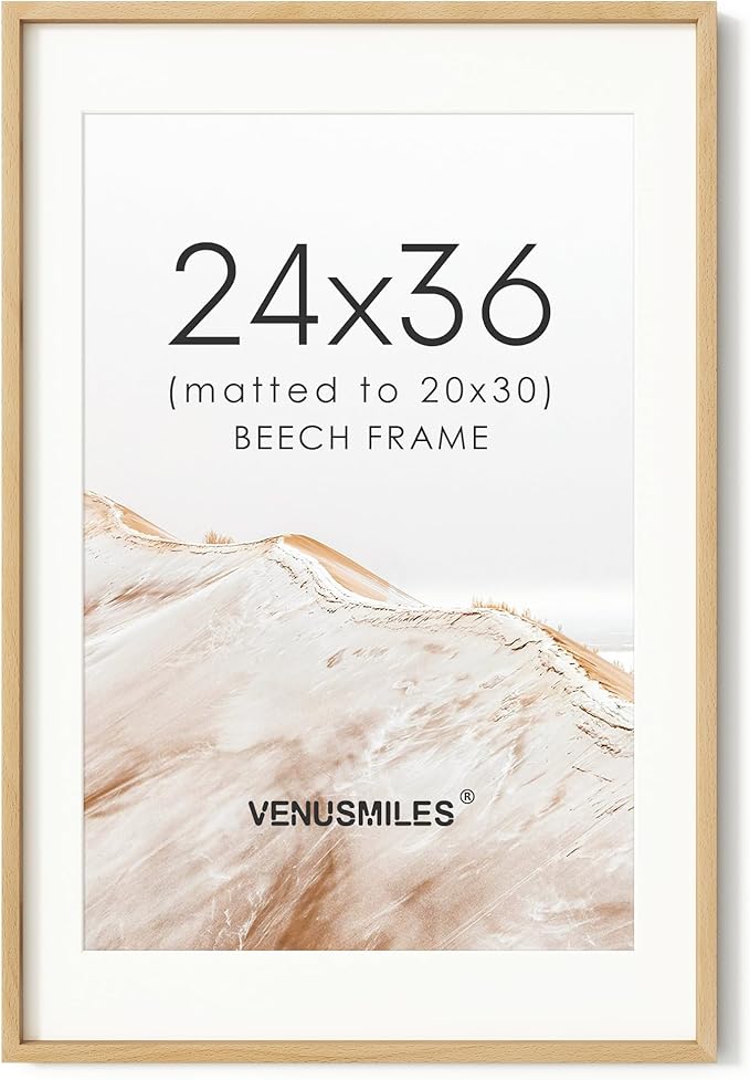 24x36 Poster Frame, USA-Sourced Natural Beech Wood Picture Collage Frame with HD Tempered Glass, Modern Simple 24 x 36 Wooden Photo Frame Matted to 20x30, Vertical & Horizontal Wall Hanging Display