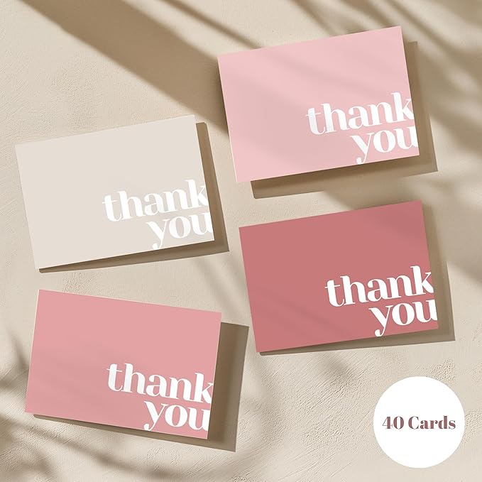 Paper Play Thank You Cards Bulk Pack of 40 Pink, 5x3.5 Inches with Matching Stickers & Envelopes, Minimalistic Design Suitable for Business, Baby Shower, Wedding, Small Business, Graduation, Funeral