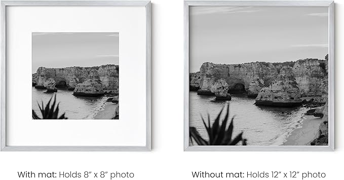 HAUS AND HUES 12x12 Silver Metal Picture Frames Matted to 8x8 - Features Premium Aluminum & Hanging Hardware, Shatterproof Plexiglass - Ideal for Home, Room, Office (12x12 in, Silver, Set of 25)