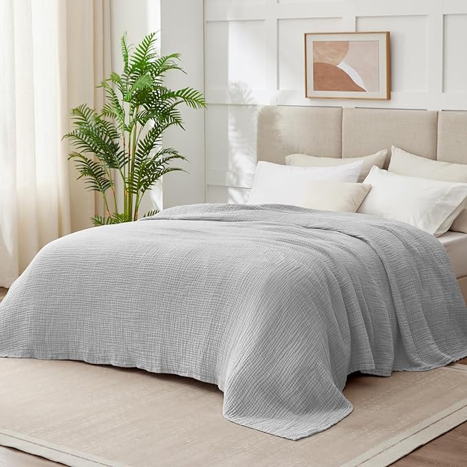 100% Cotton Muslin Blanket Large 50" x 70", Breathable and Lightweight Cotton Throw Blankets for Bed and Couch, Soft Cooling Summer Gauze Blanket for Adults All Season, Light Grey