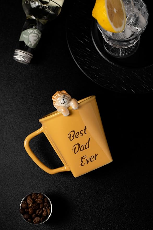 DIHOclub Father's Day Ceramic Coffee Mug with Lion Sculpture Best Dad Ever Gift, Handcrafted Lion King Mug for Dad, Unique Dad Gifts for Birthday, Christmas(12oz)