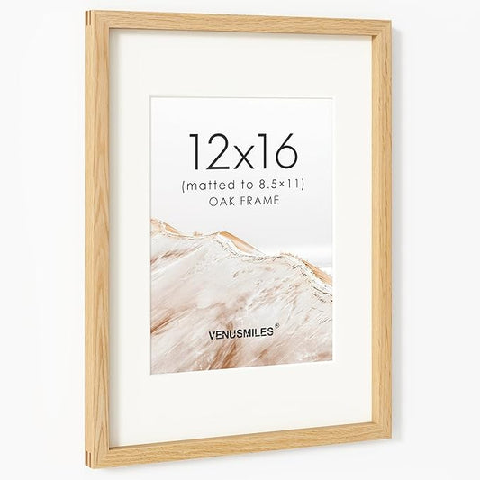 12x16 Picture Frame, USA-Sourced Natural Oak Wood Photo Collage Frame with HD Tempered Glass, Modern Simple 12 x 16 Wooden Frame Matted to 8.5x11, Vertical & Horizontal Wall Hanging Display
