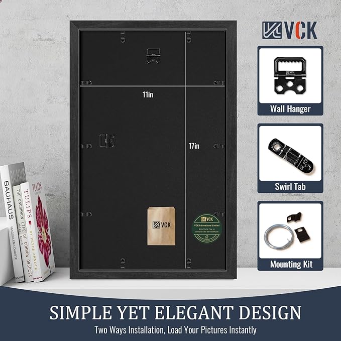 VCK 11x17 Picture Frames Black Set of 5, Wide Border Wood, Tempered Glass, Display 8x12 Photo with Mat or 11 x 17 without, for Home, Office, Gallery, Woodgrain Series, Wall Hanging