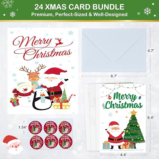 24 Pack of Christmas Cards Holiday Greeting Cards with Envelopes & Stickers 4 x 6 inch Winter Blank Note Cards for Xmas Holiday Party Invitation Supplies