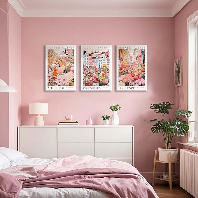 XLARTMY Flower Market Wall Art Print Canvas Framed Pink Floral Paintings Colorful Botanical Sunflower Artwork Travel Poster for Decor Picture 3 pieces for Living Room Bedroom Bathroom 16x24in