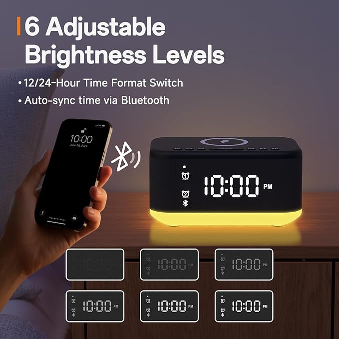 Alarm Clock Speaker Wireless Charger, Digital Alarm Clocks Bedrooms Bluetooth, Alarm Clock Dimmable Light Bedrooms Bluetooth Speaker Dual Alarm Snooze 12/24H Dimmer Support USB AUX, Black