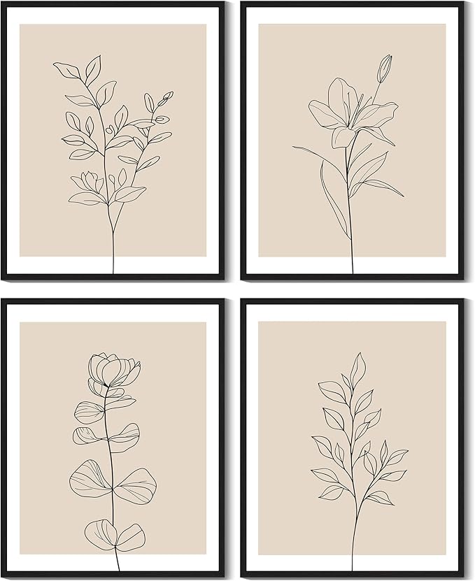 Drsoum Botanical Boho Framed Wall Art Wooded Minimalist Aesthetic Flower Prints Farmhouse Retro Plants Rustic Bathroom Kitchen Home Decor Ready to Hang 8x10inx4pcs (Black Framed)