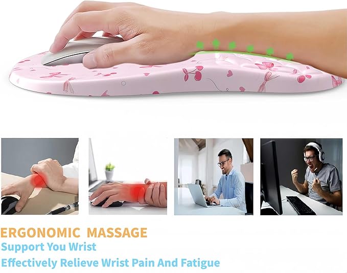 Ergonomic Mouse Pad Wrist Support with Massage Design,Cute Bows Wrist Rest Pain Relief Mousepad with Memory Foam,Mousepad for Wireless Mouse