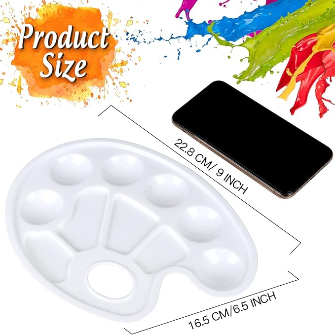 FANDAMEI Oval Paint Palette Tray, Plastic Paint Tray Palette, Painting Palette, Paint Tray Palettes Paint Pallets with Thumb Hole for Adults & Kids, for Painting or DIY Craft Class, White, 2 PCS