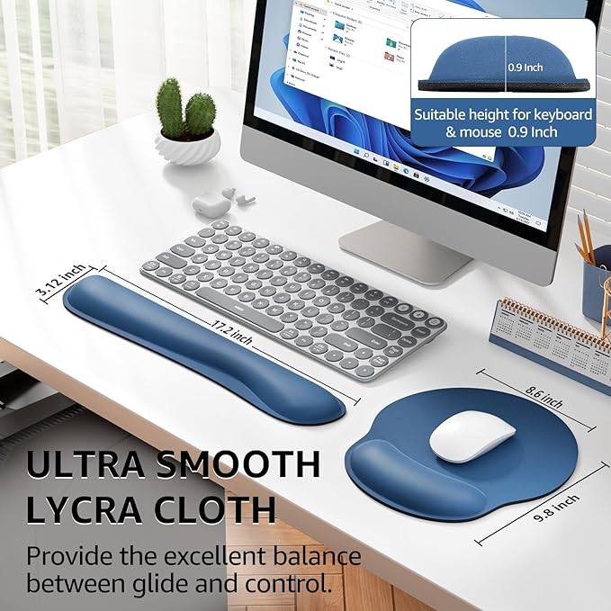 KTRIO Ergonomic Keyboard Wrist Rest, Memory Foam Mouse Pad with Wrist Rest for Computer Keyboard, Mouse Pad Set for Easy Typing & Pain Relief for Office & Home, Navy Blue