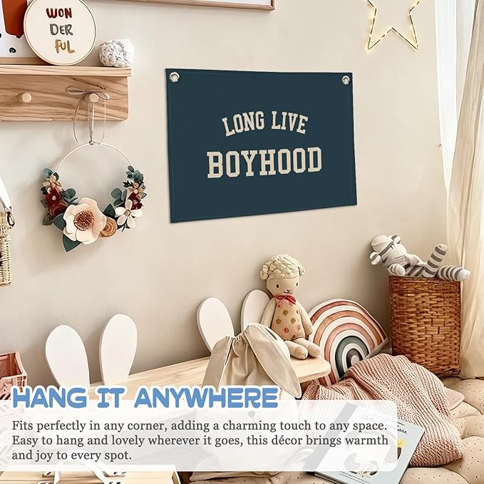 Long Live Boyhood Boy Room Decor Wall Art, Nursery Playroom Linen Banner Print Decor for Bedroom Living Room Dorm Toddler Decorations Teen Boy Room Decor 30X20 Inch