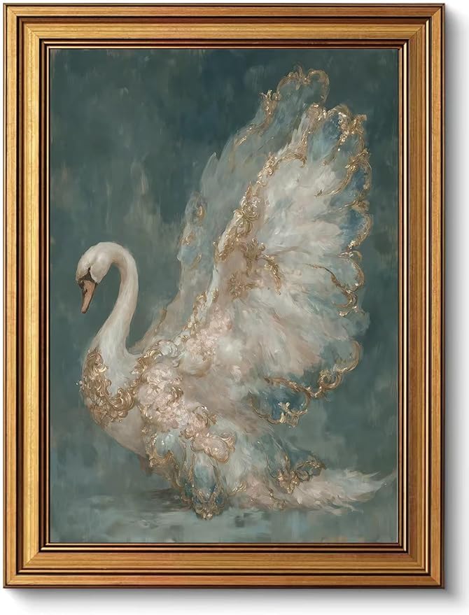 okudolit Gold Framed Vintage Swan Canvas Wall Art Print Luxury Animal Oil Painting Graceful Bird Artwork Picture Baroque Wall Decor for Living Room Bedroom and Office 12"x16"