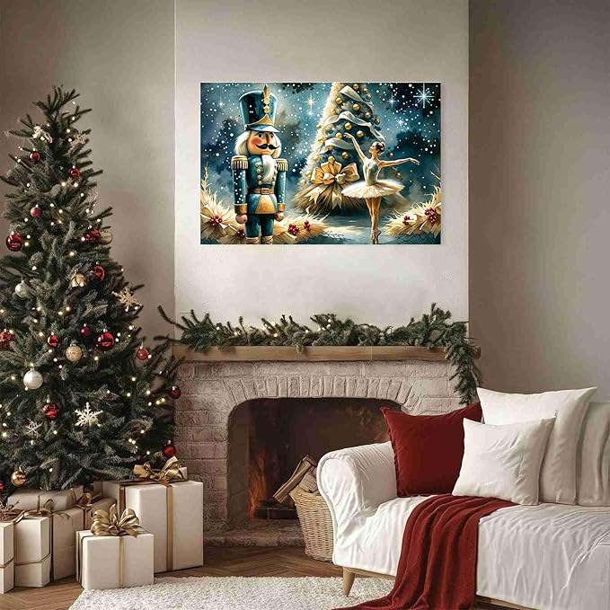 Christmas Wall Art Holiday Decor Nutcracker and Ballerina Winter Scene Poster Modern Farmhouse Poster Vintage Oil Painting Print Indoor Decor for Home Living Room Bedroom Christmas Holiday