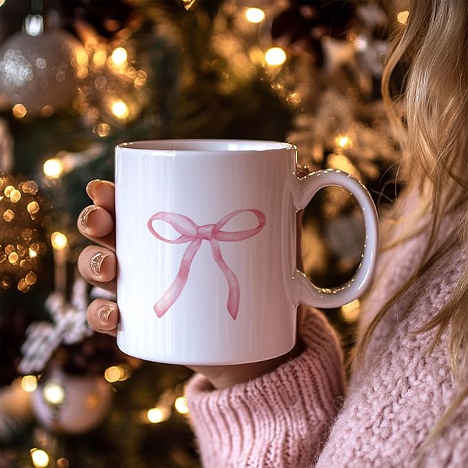 Pink Bow Coffee Mug, Cute Girly Ceramic Coffee Mugs Gifts for Women Girls, Preppy Coquette Ceramic Cup, 11oz White