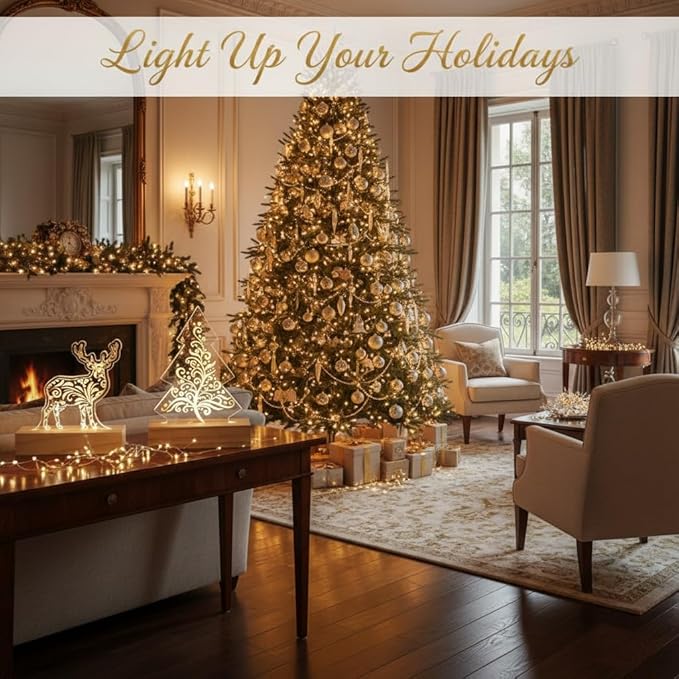 Young's Inc Acrylic LED Deer & Christmas Tree Light-Up Tabletop Decor, Set of 2 Warm White Glow with Timer, Wooden Base, Holiday Mantel, Entryway & Office Christmas Decorations